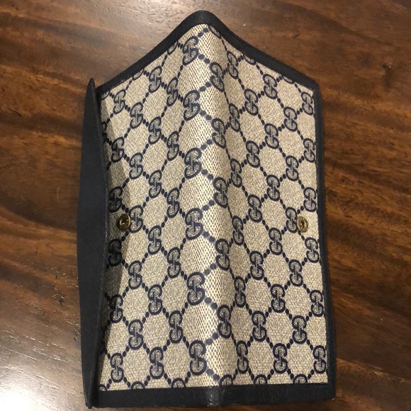 GUCCI GG Monogram Navy Blue Leather and Coated Canvas Long Bifold Wallet Vintage - Picture 14 of 17